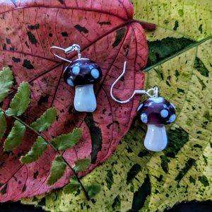 Purple Glass Lampwork Mushroom Earrings Goblincore Cottagecore